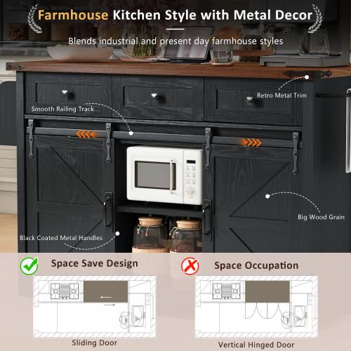 Black Farmhouse Kitchen Island with Power Outlet, 2 Sliding Barn Door, Drop Leaf, Spice Rack, Rolling Cart on Wheels L364