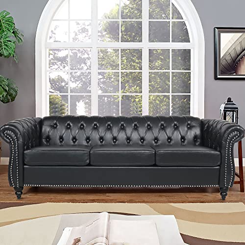 84" Dark Brown Leather Tufted 3 Seater Chesterfield Sofa L7879