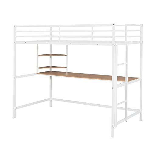 White Metal Twin Loft Bed with Desk and Shelves O554939