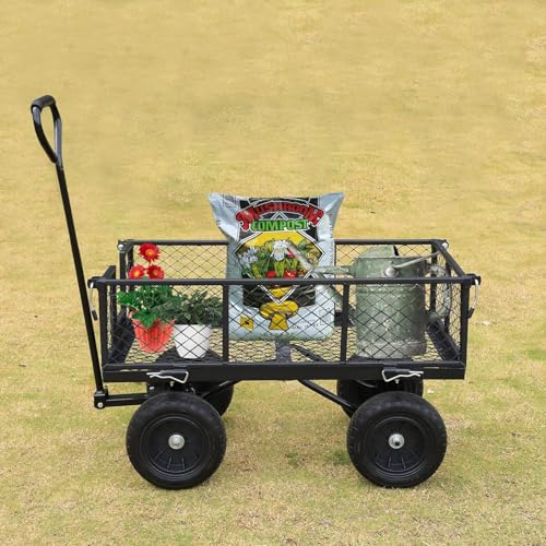 Black 10" Flat Free Tires Steel Garden Cart with Removable Sides A825455