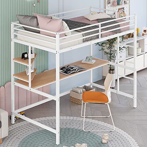 White Metal Twin Loft Bed with Desk and Shelves O554939