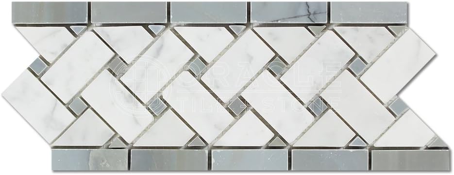 Carrara White Marble Basketweave Border Mosaic Tile with Blue Gray Marble Dots, Polished R223