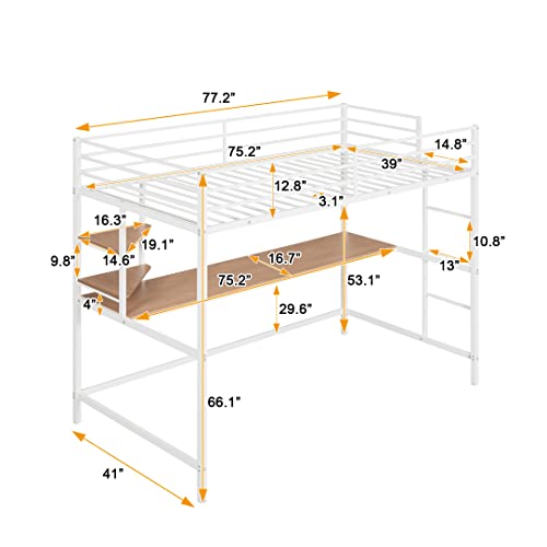 White Metal Twin Loft Bed with Desk and Shelves O554939