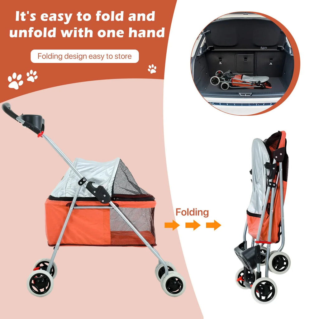 Orange Folding Dog Stroller with 4 Wheels J759641