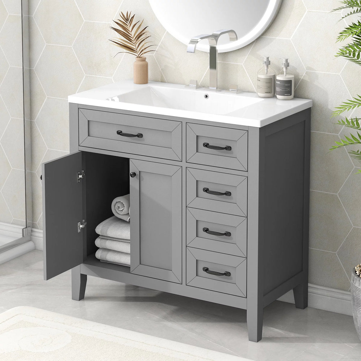 36" Grey Bathroom Vanity with Sink and Storage Cabinet I99992