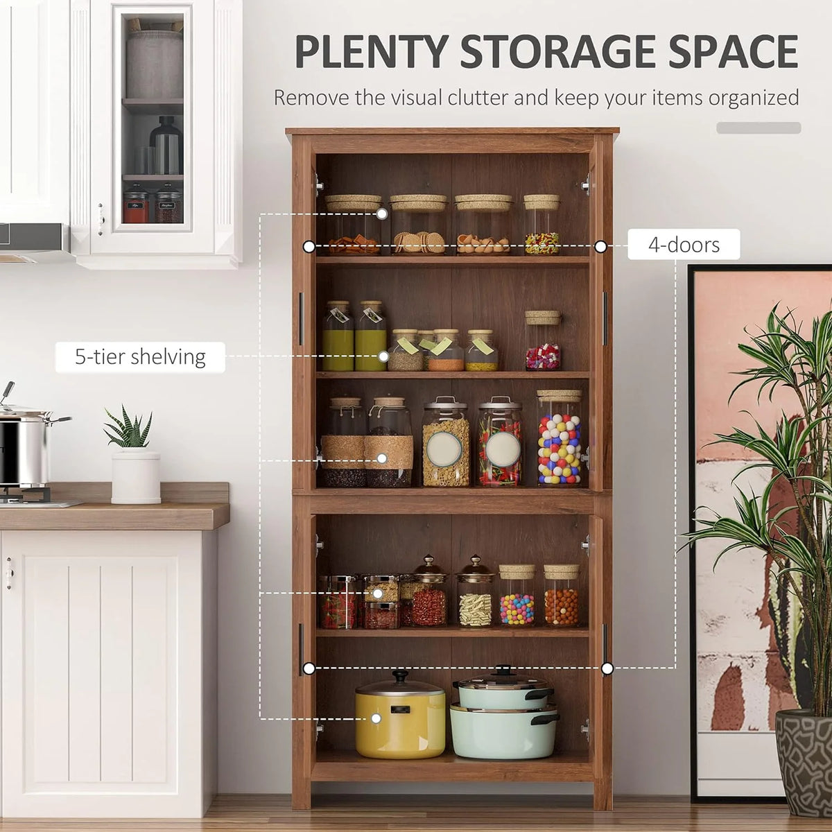 64" 4-Door Oak Kitchen Pantry Cabinet with 3 Adjustable Shelves Q984