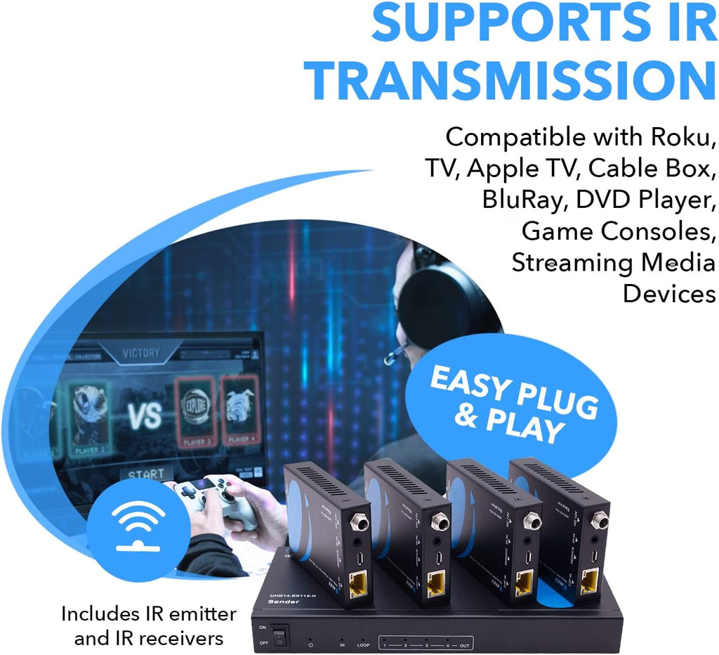 1x4 HDMI Extender Splitter 4K over Single Cable CAT6/7 4K@60Hz HDCP 2.2 with IR Remote EDID Management S3906