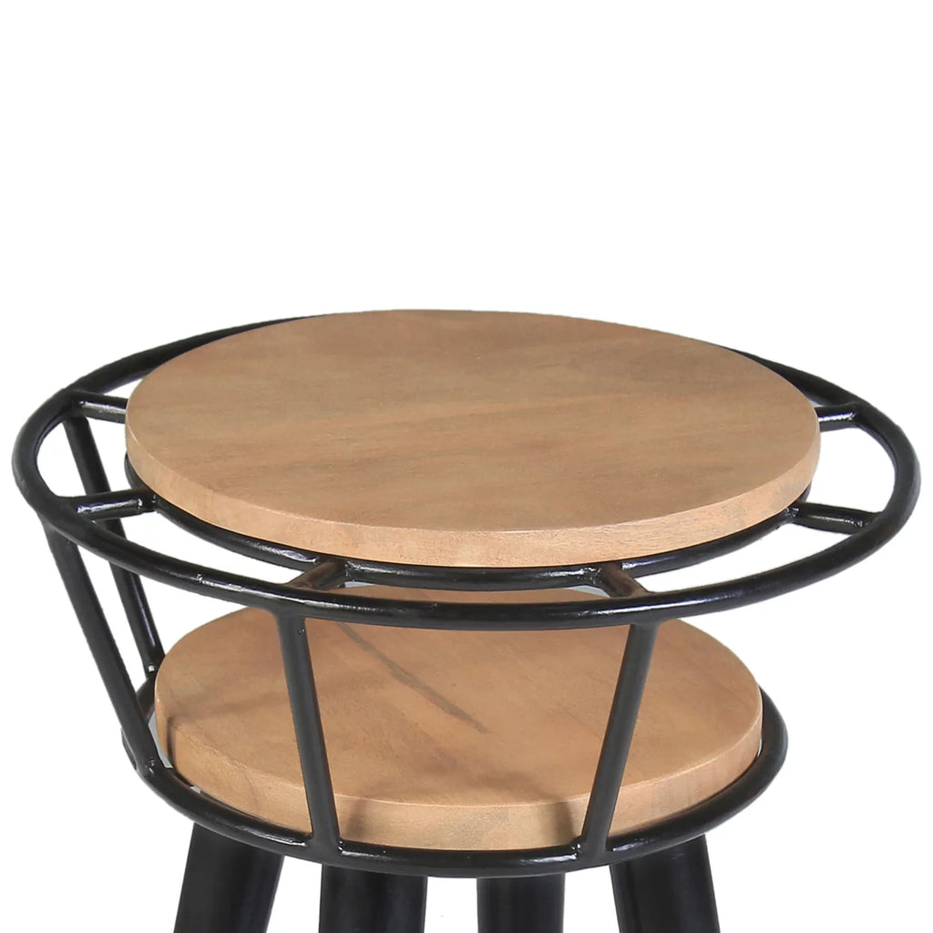 Industrial 2 Tier Round End Table with Metal Frame, White Oak and Black B101