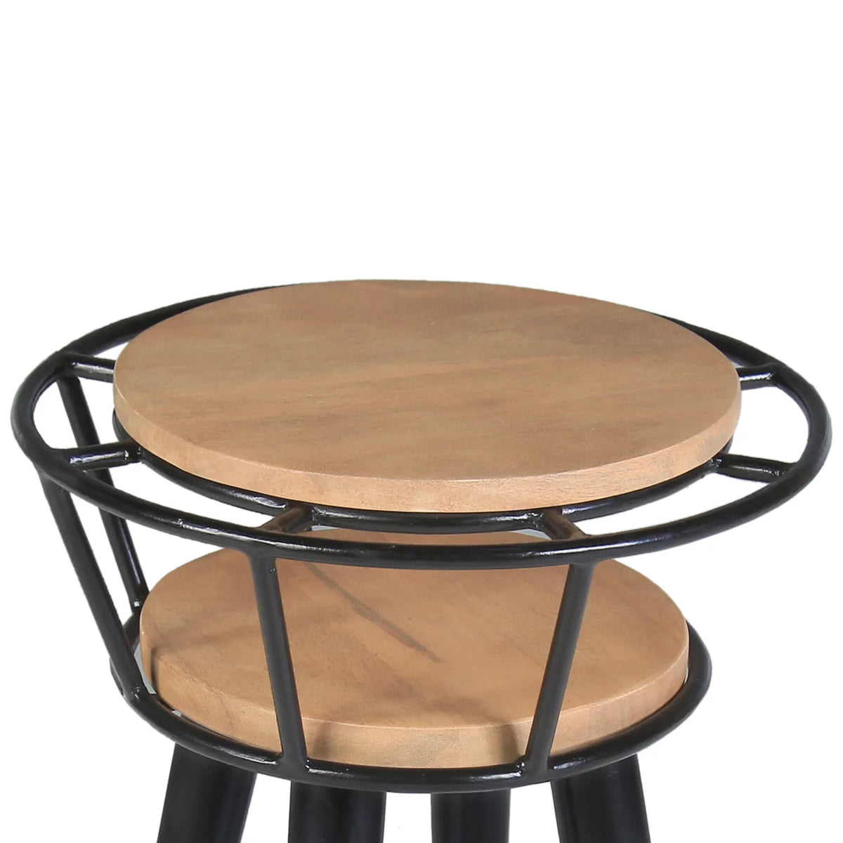 Industrial 2 Tier Round End Table with Metal Frame, White Oak and Black B101