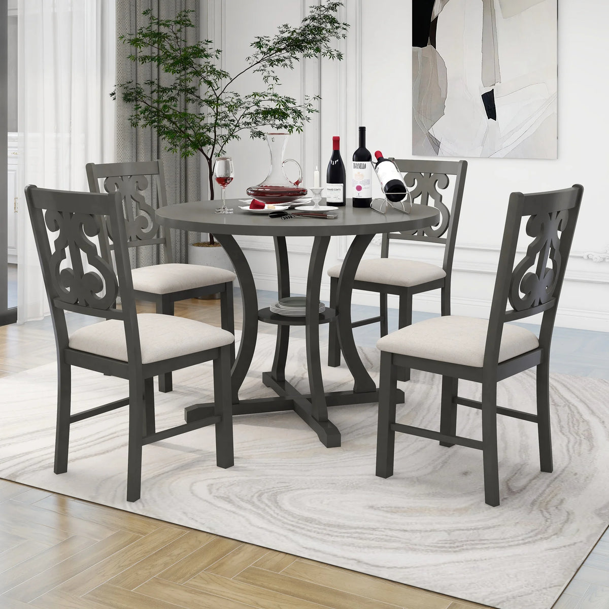 Antique Gray 5 Piece Wooden Dining Table and Chairs Set Q901