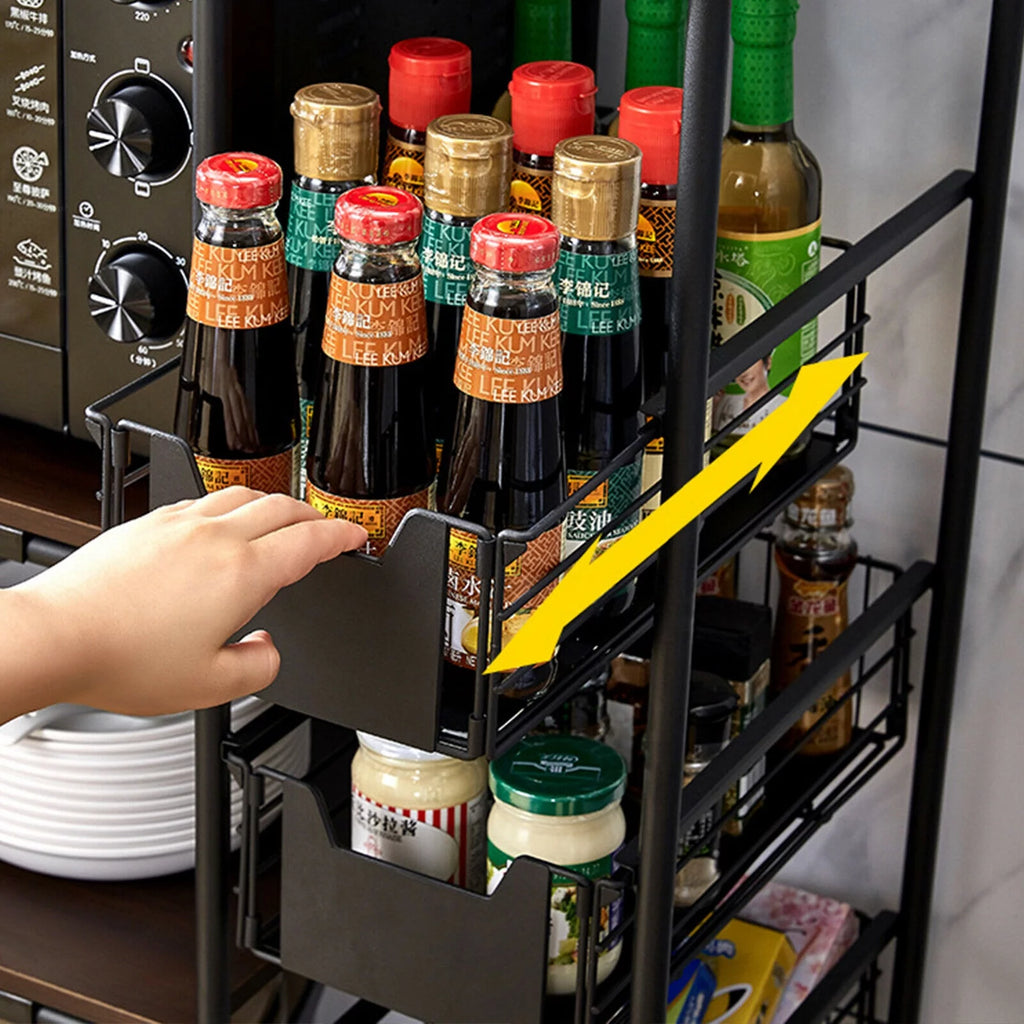 Black Kitchen Storage Rack with Push-Pull Drawer W56671
