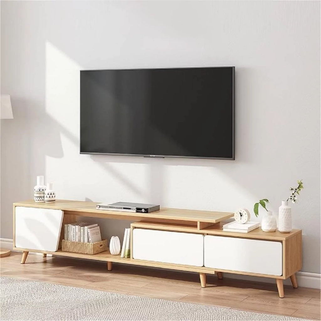 White Oak Adjustable Wooden TV Stand with 2 Drawers 1 Door G36871