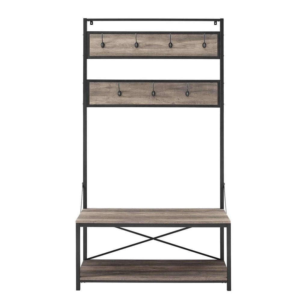 Industrial Metal and Wood Hall Tree Gray Wash M2742