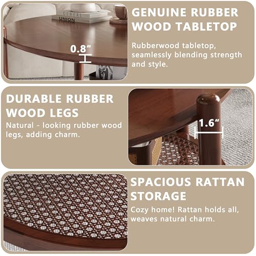 32" Round 2-Tier Wood Coffee Table with Rattan Storage Shelf U343304