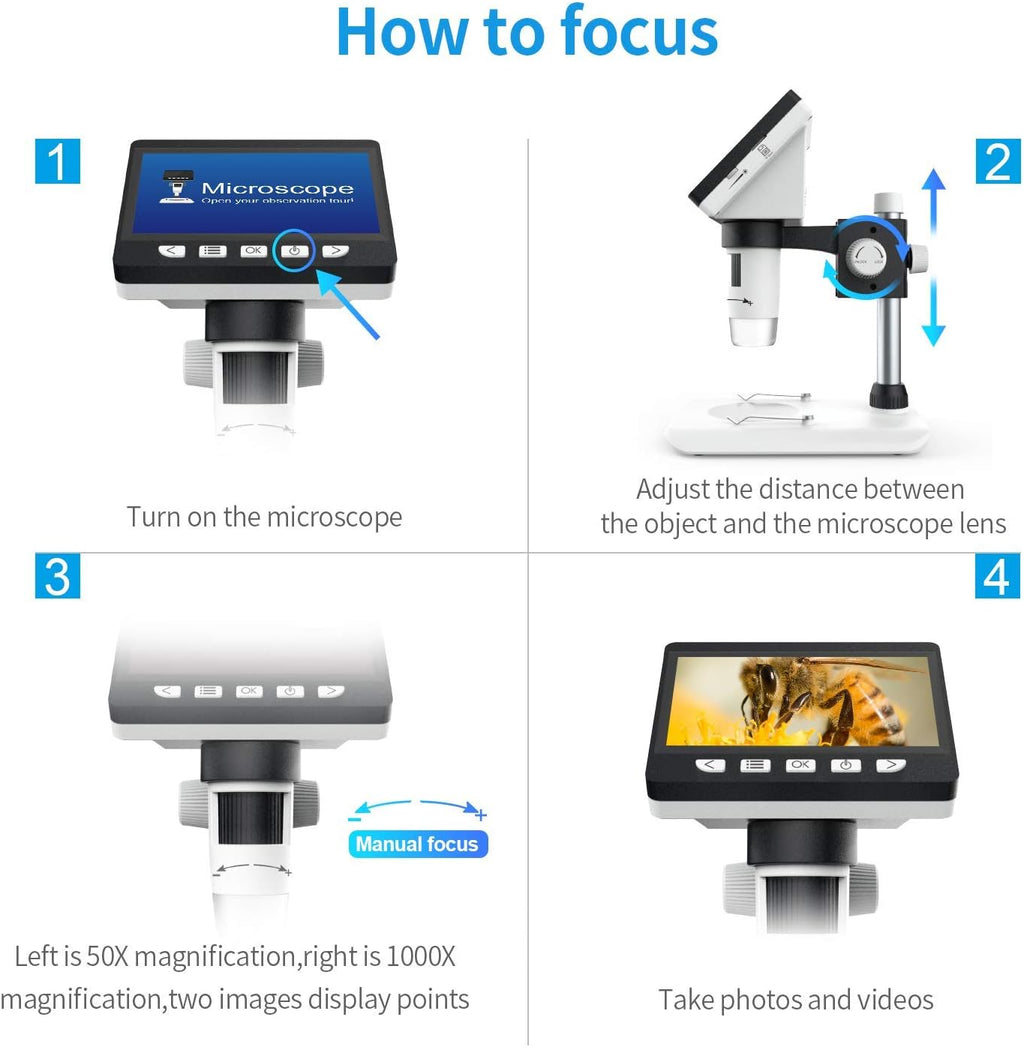 4.3 inch 50X-1000X Magnification HD 2 Megapixels USB Microscope with 32G TF Card H124