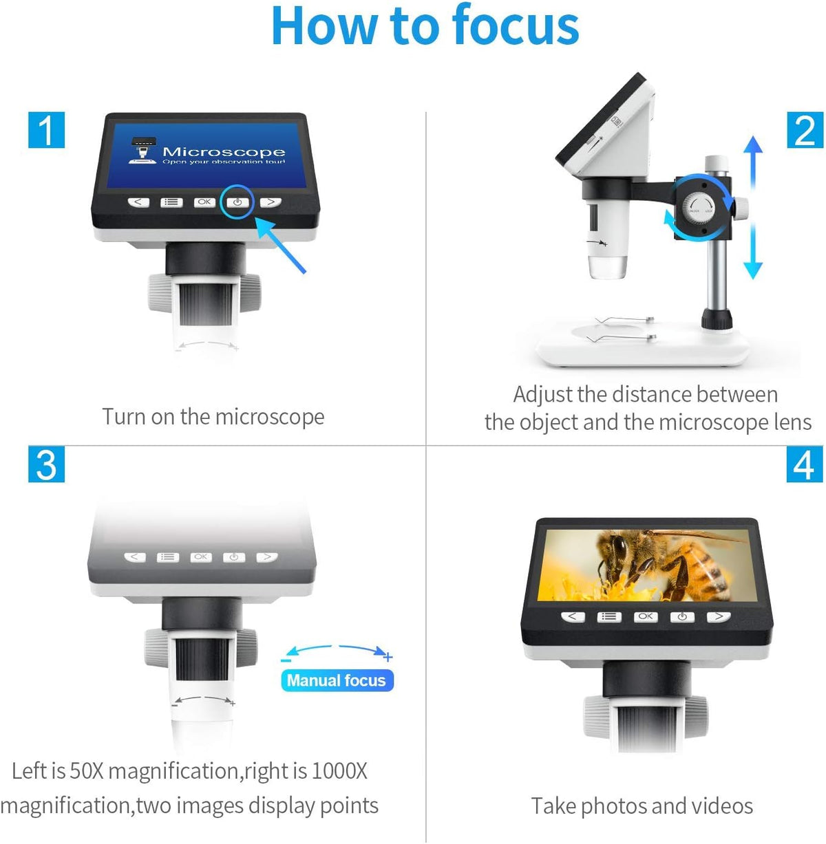 4.3 inch 50X-1000X Magnification HD 2 Megapixels USB Microscope with 32G TF Card H124