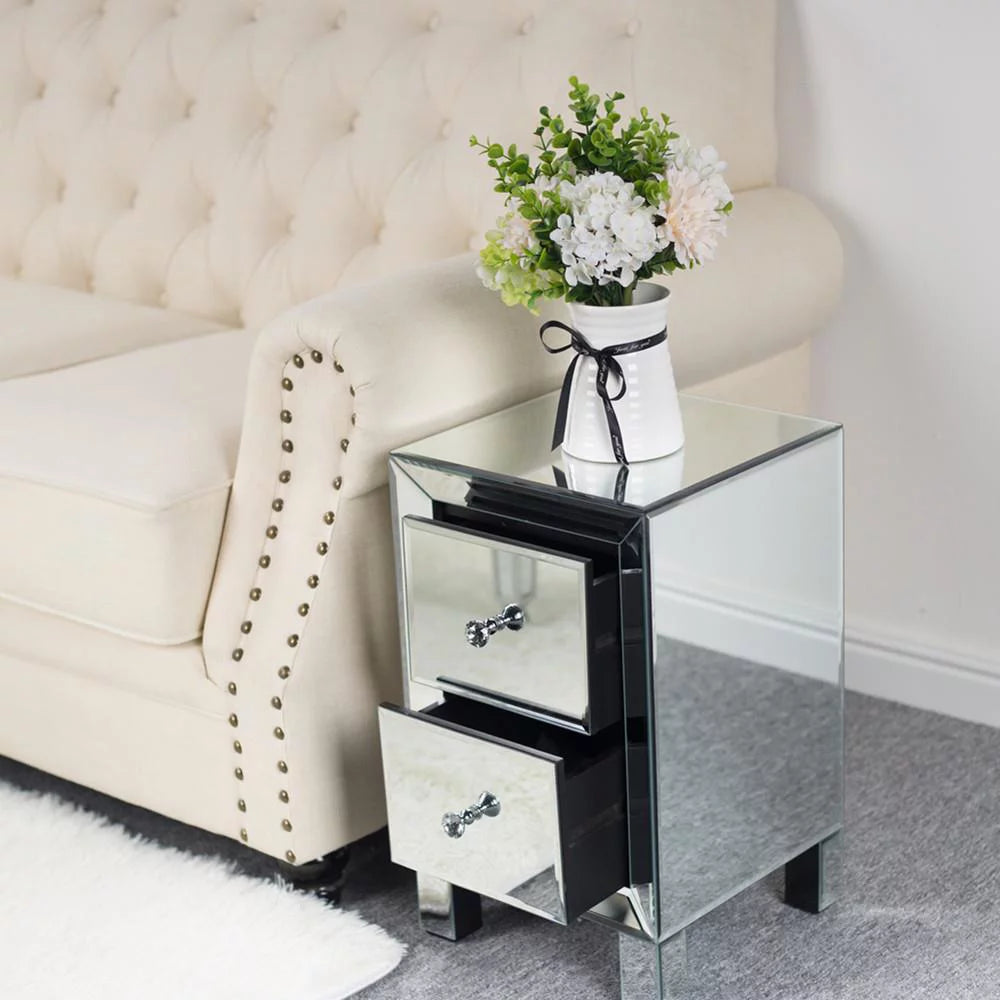 Mirrored Glass Bedside Table with Two Drawers B910670
