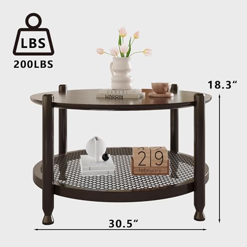 32" Round 2-Tier Wood Coffee Table with Rattan Storage Shelf U343304