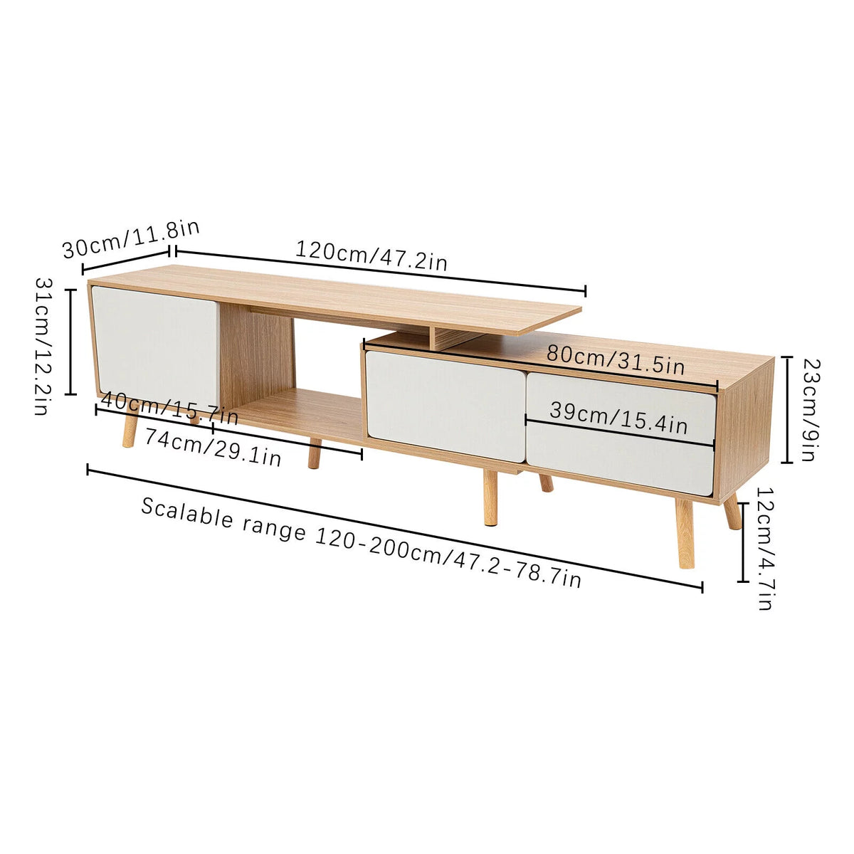White Oak Adjustable Wooden TV Stand with 2 Drawers 1 Door G36871
