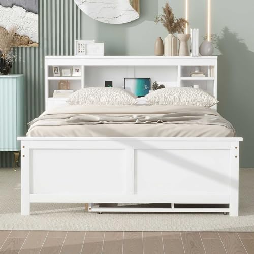 White Full Size Wood Platform Bed with Trundle and 3 Drawers N226570