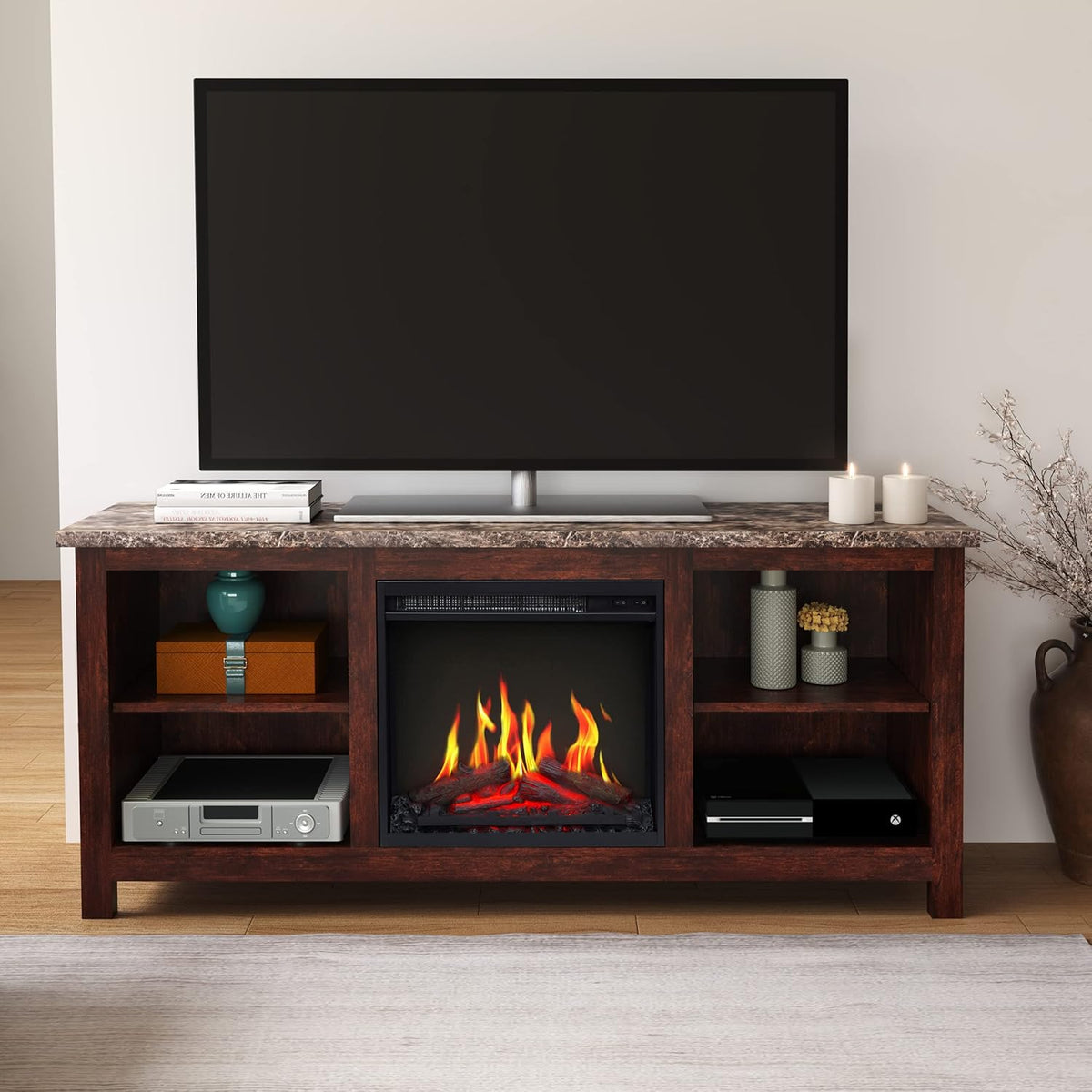 3D Fireplace TV Stand with 6 Storage Shelves & Barn Door V54324