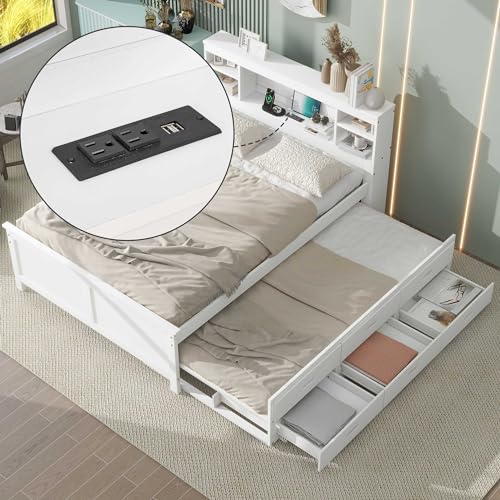 White Full Size Wood Platform Bed with Trundle and 3 Drawers N226570