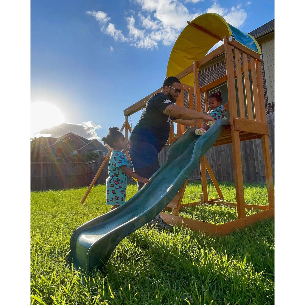 Wooden Outdoor Swing Set with Slide and Rock Wall V6844