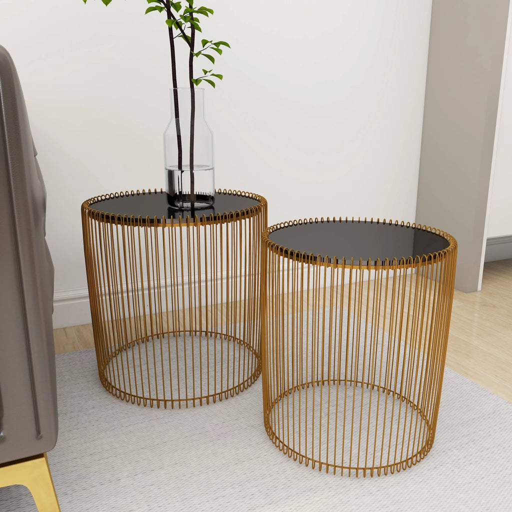 18" x 18" Gold Metal Accent Table with Glass Top, 2-Pieces F937175