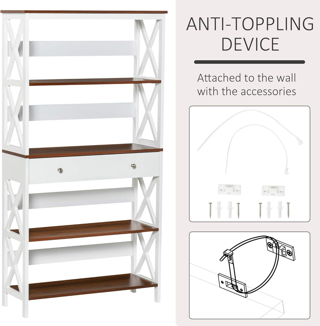 White 4-Tier Shelving Bookcase with Pull Out Drawer K913594
