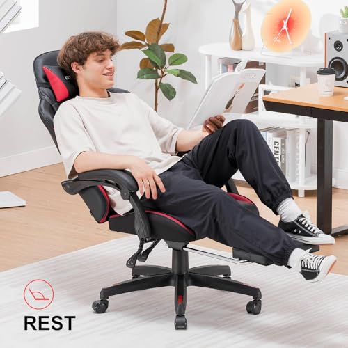 Black High Back Leather Ergonomic Gaming Chair with Footrest W408451