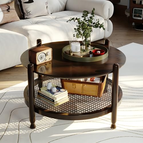 32" Round 2-Tier Wood Coffee Table with Rattan Storage Shelf U343304