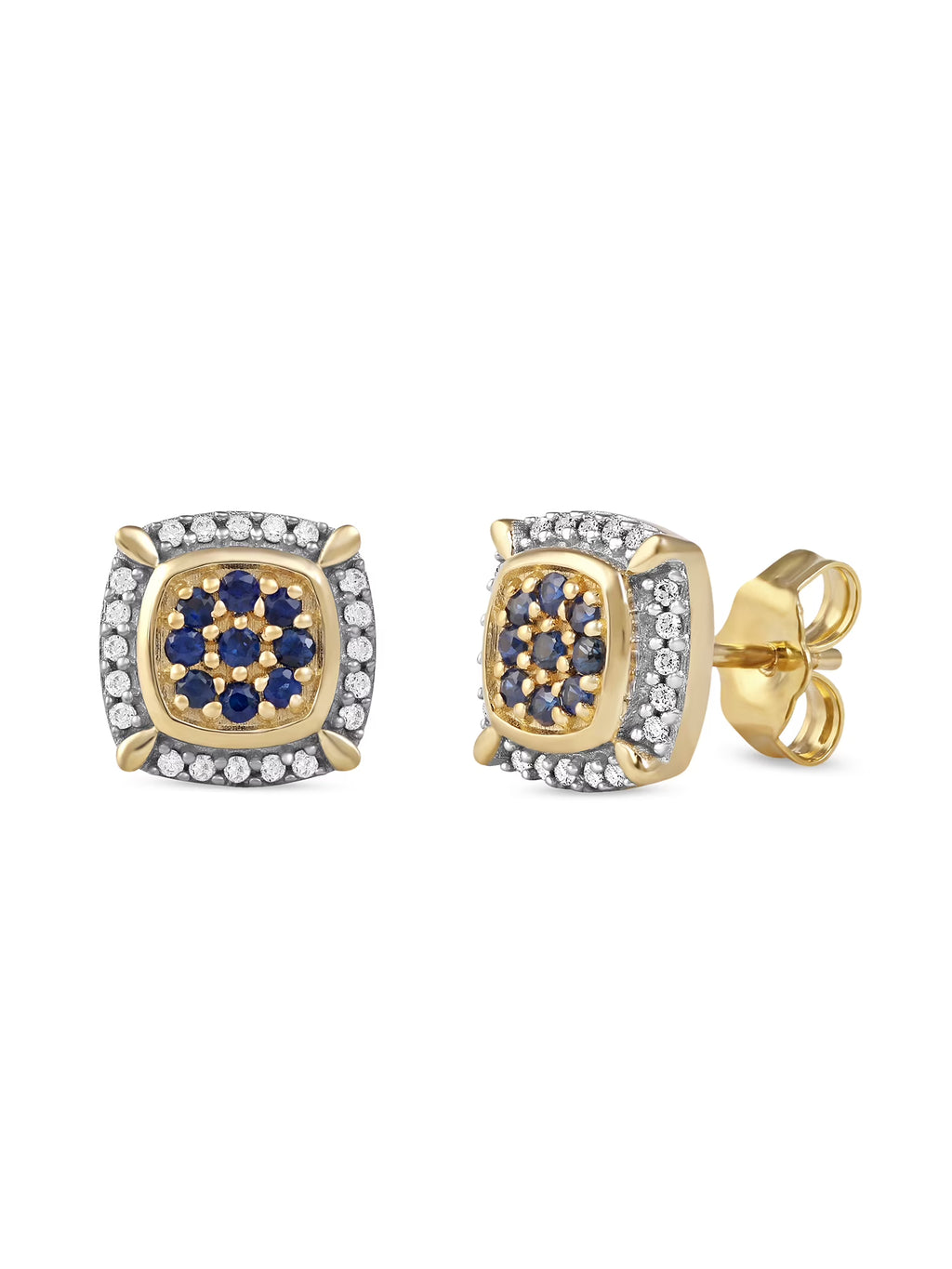 10k Yellow Gold Blue Sapphire Diamond Cluster Halo Stud Earrings T4313