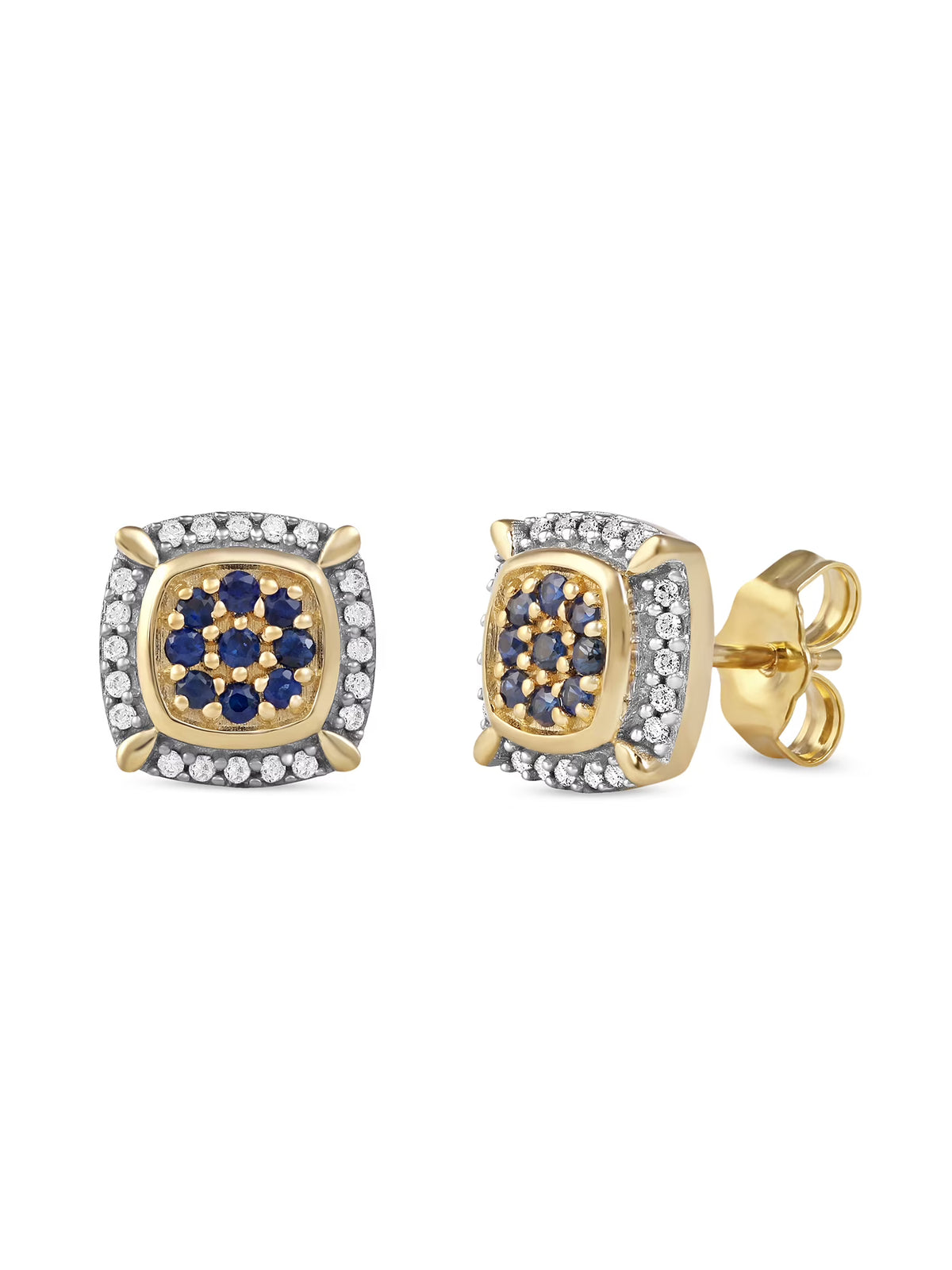 10k Yellow Gold Blue Sapphire Diamond Cluster Halo Stud Earrings T4313