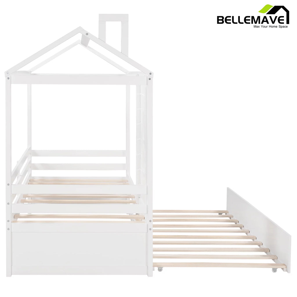 White Wood Twin Size House-Shaped Platform Bed with Trundle R382426