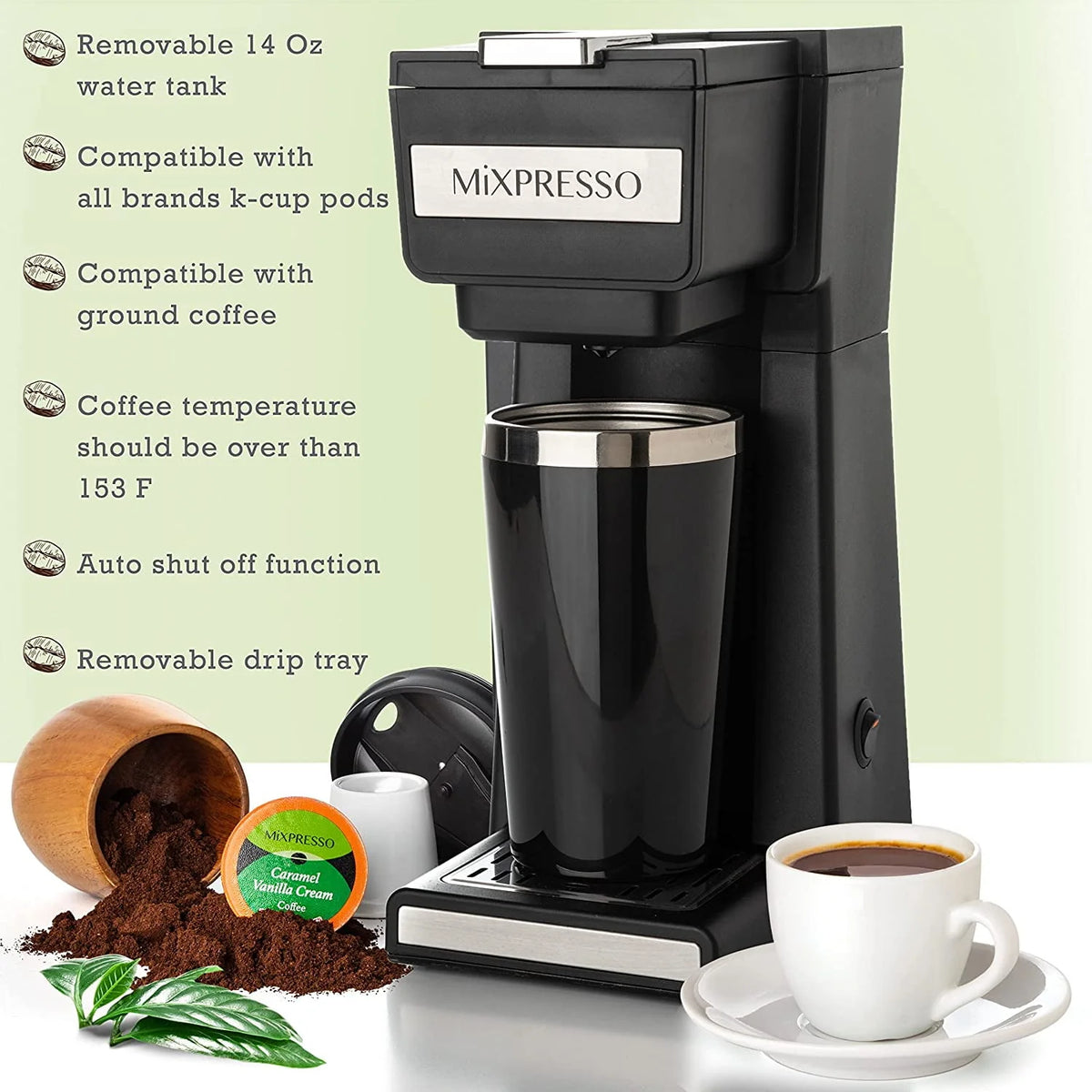 Single Serve Coffee Maker with 14oz Travel Mug D474