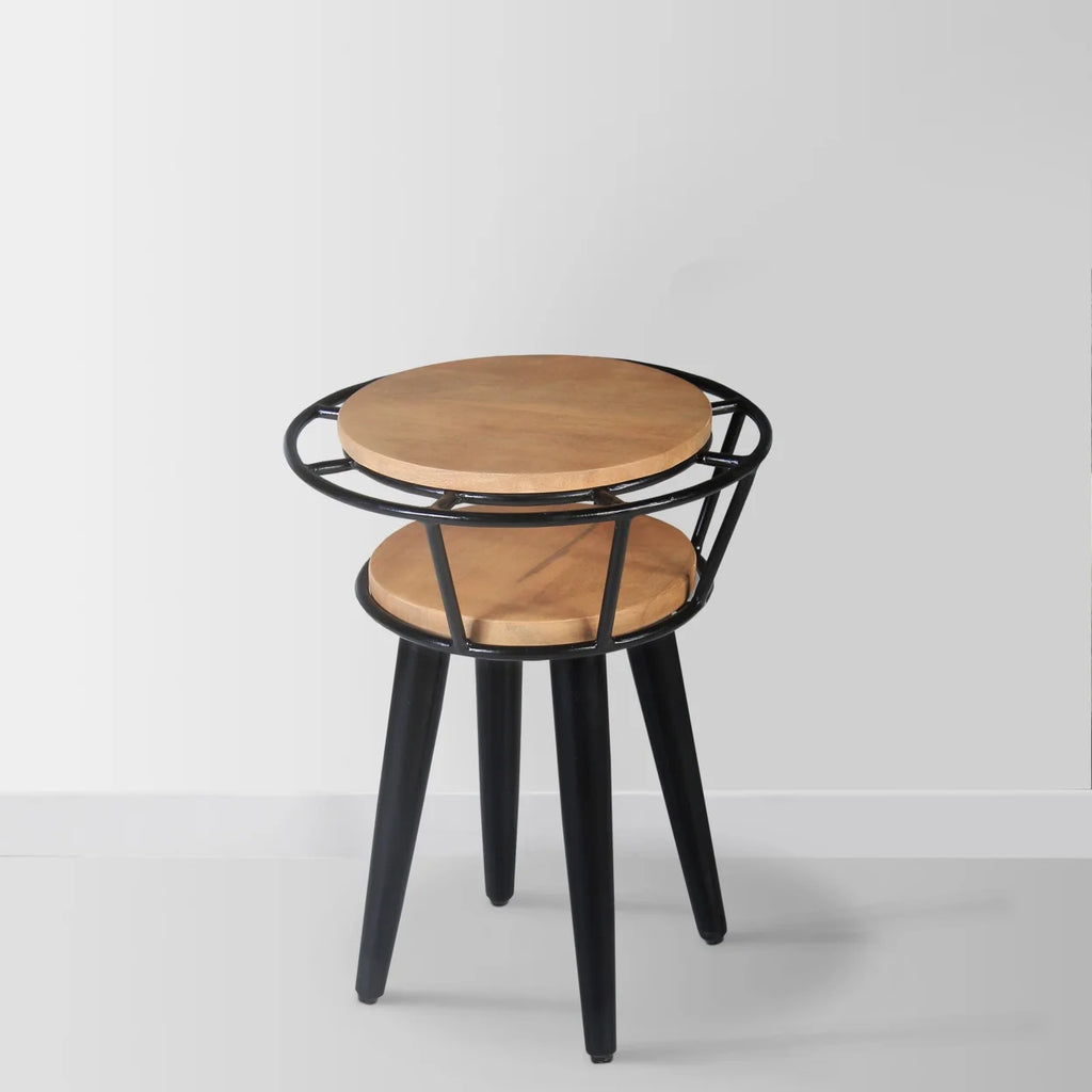 Industrial 2 Tier Round End Table with Metal Frame, White Oak and Black B101