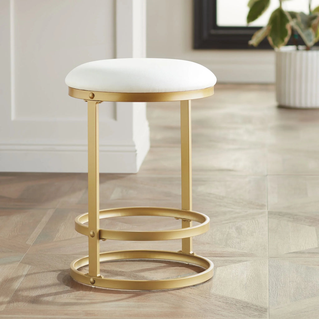 Gold Metal Bar Stool 26" High White Fabric Round Cushion with Footrest A69144