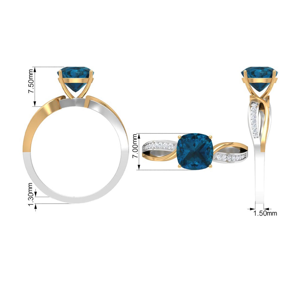 1.50 CT Cushion Cut London Blue Topaz Solitaire and Diamond Ring, 925 Sterling Silver, US 4.00 O20175
