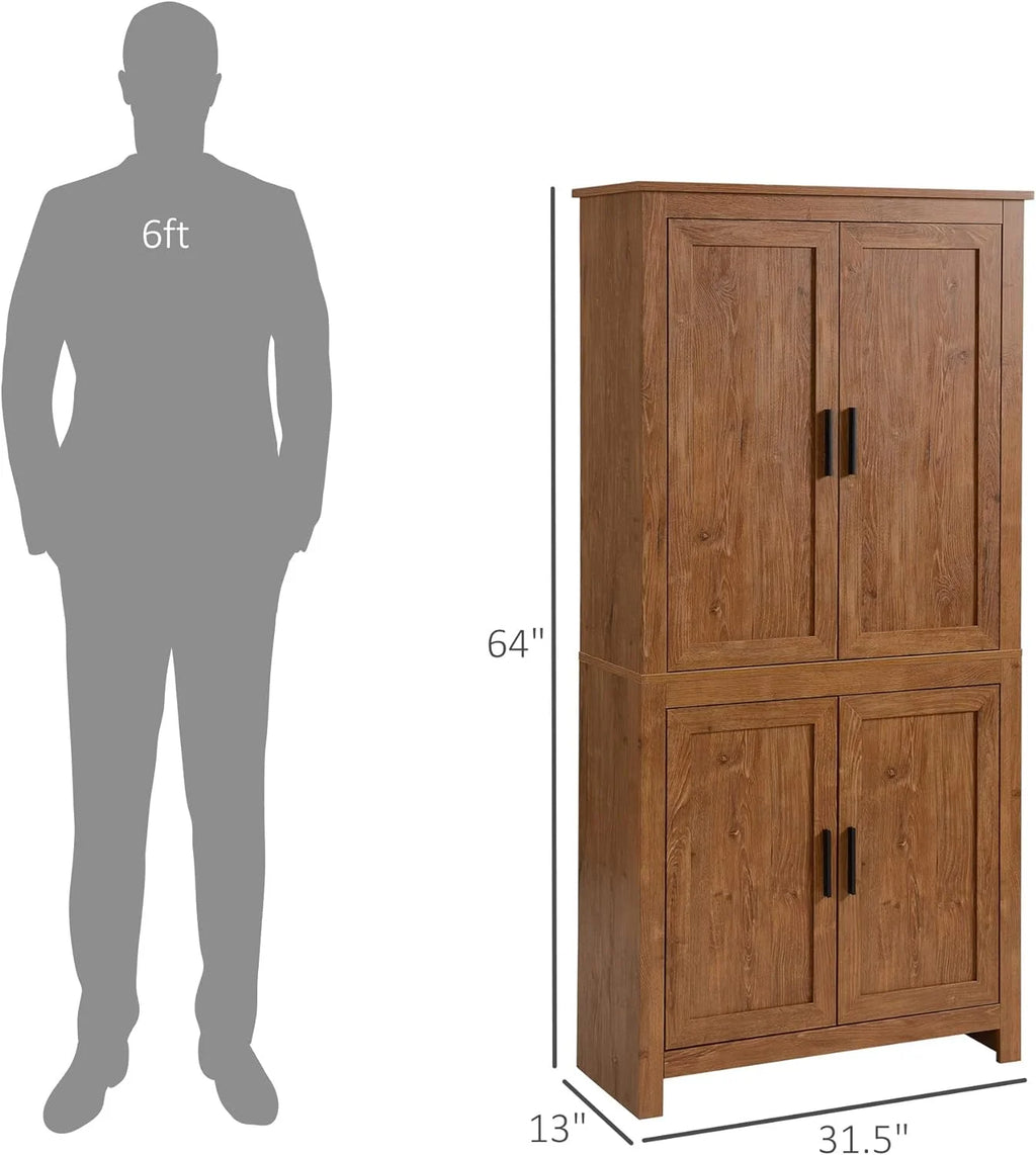 64" 4-Door Oak Kitchen Pantry Cabinet with 3 Adjustable Shelves Q984