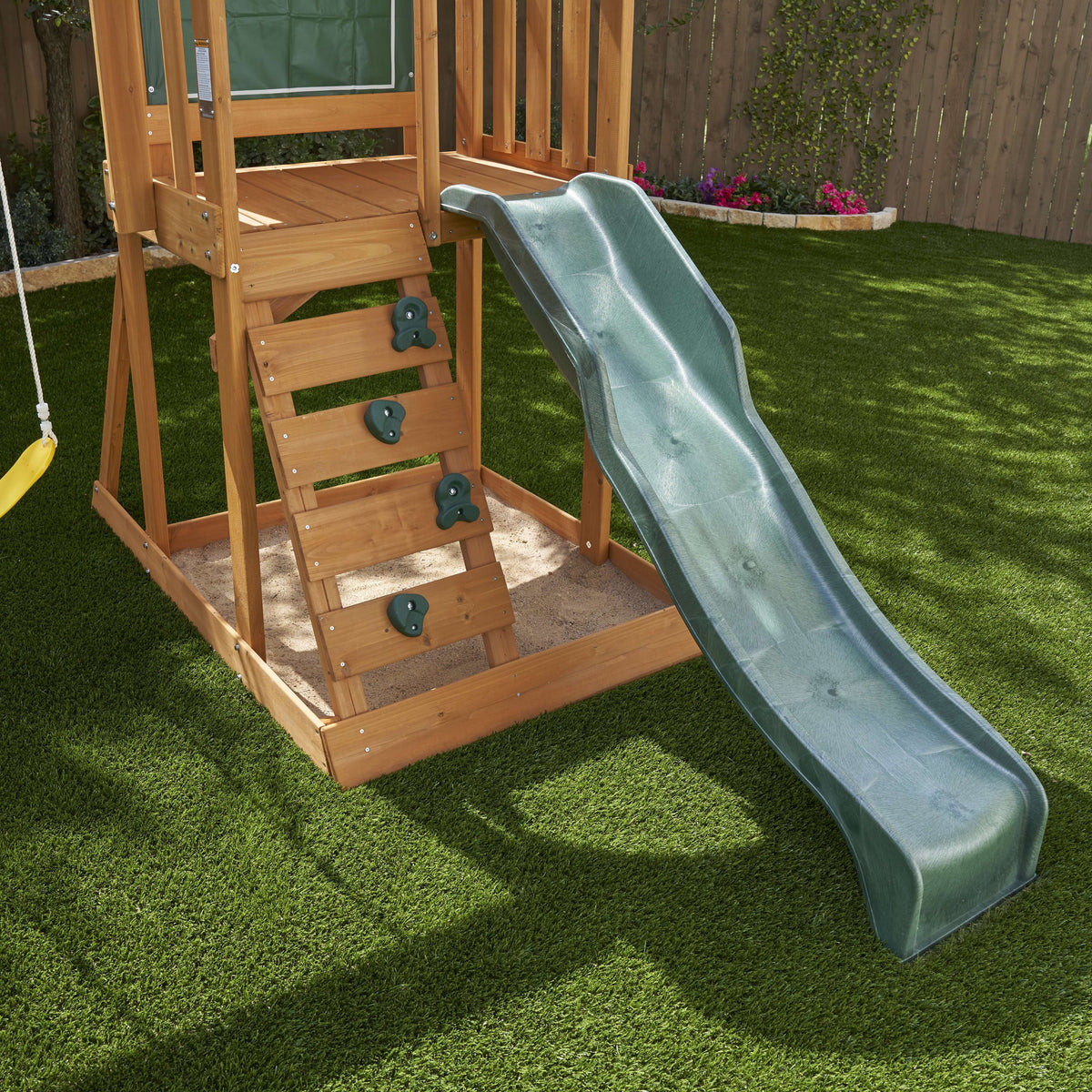 Wooden Outdoor Swing Set with Slide and Rock Wall V6844