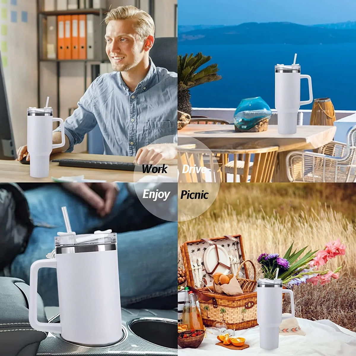 40 oz Stainless Steel Insulated Tumbler with Handle and Straw R73751