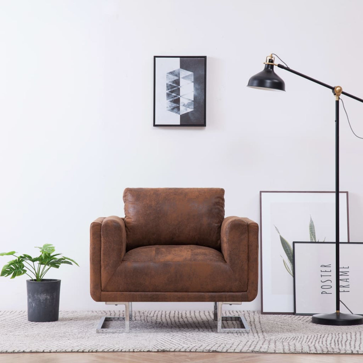 Cube Armchair Faux Suede Leather Upholstery Chair with Chrome Feet Brown U732