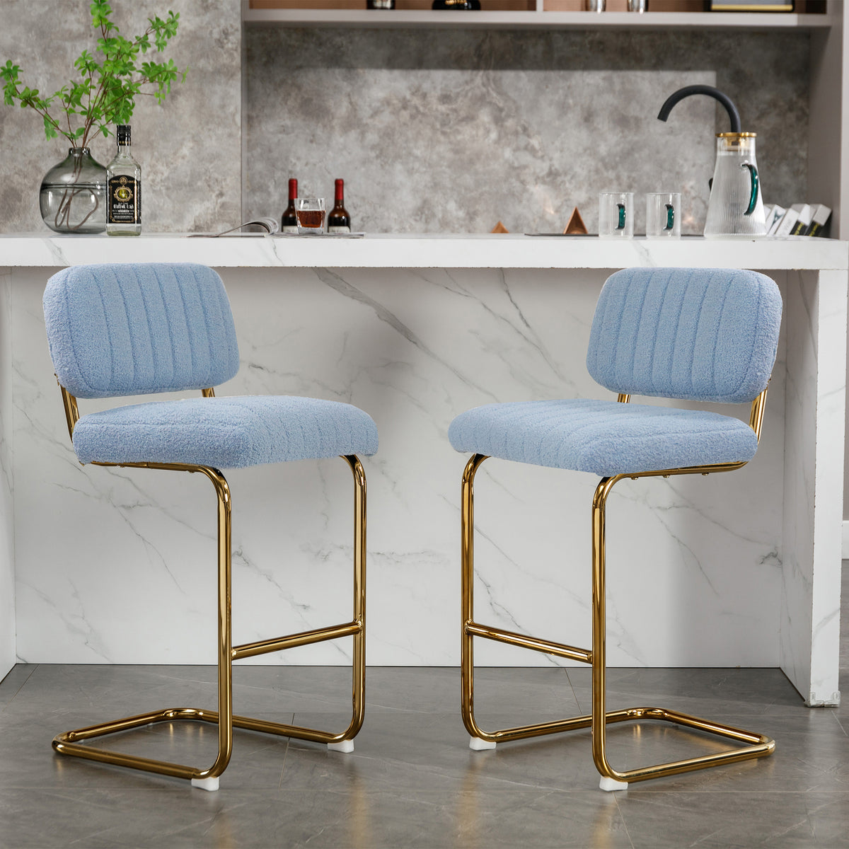 Blue Boucle Upholstered Bar Stools Set of 2 X630