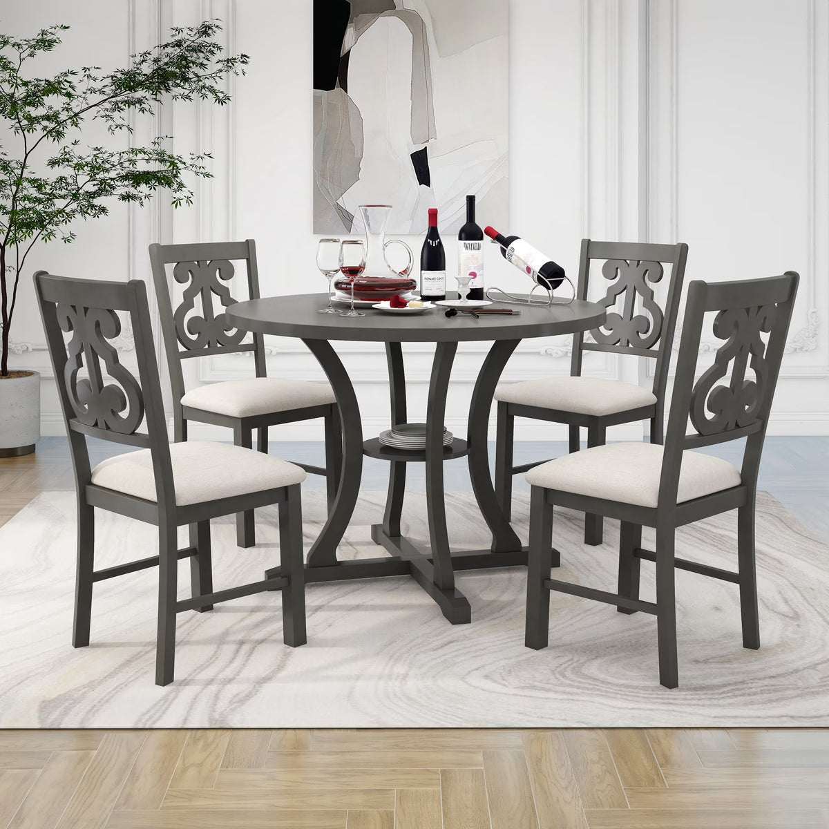 Antique Gray 5 Piece Wooden Dining Table and Chairs Set Q901