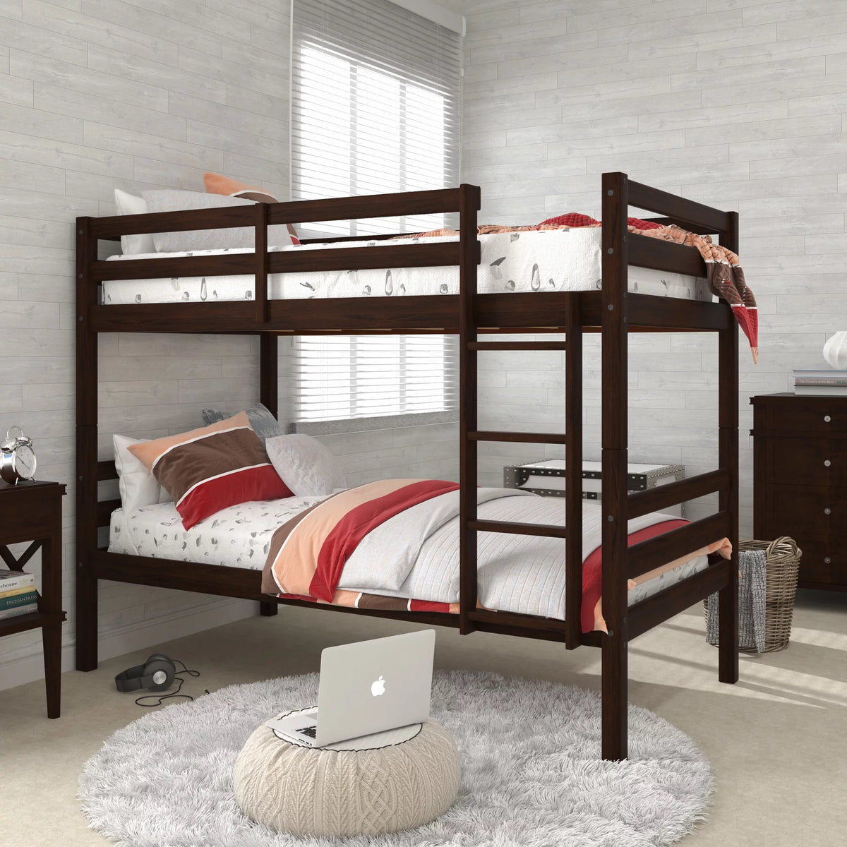 White Wood Twin over Twin Convertible Bunk Bed P6436