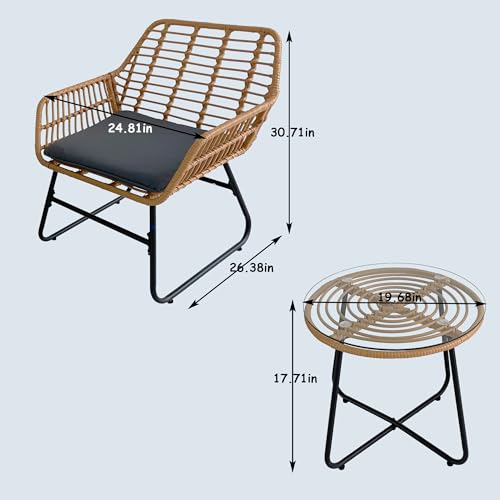 3-Piece Rattan Patio Bistro Set with Grey Cushions C473