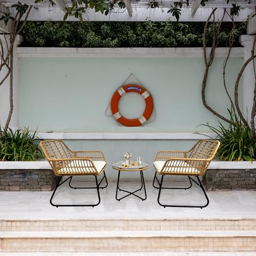 3-Piece Rattan Patio Bistro Set with Grey Cushions C473