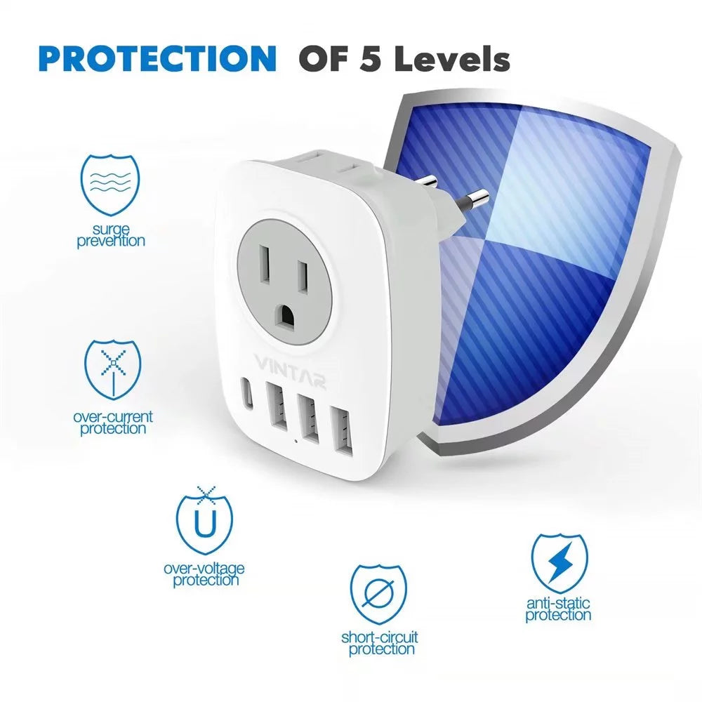 European Travel Plug Adapter with 1 USB C, 2 Outlets and 3 USB Ports, 2 Pack Q310