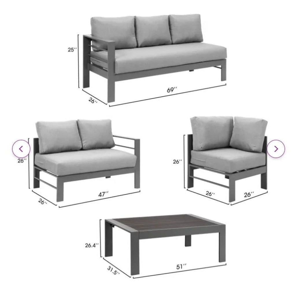 Grey Aluminum Corner Sectional Sofa with Dark Grey Cushions Y676761