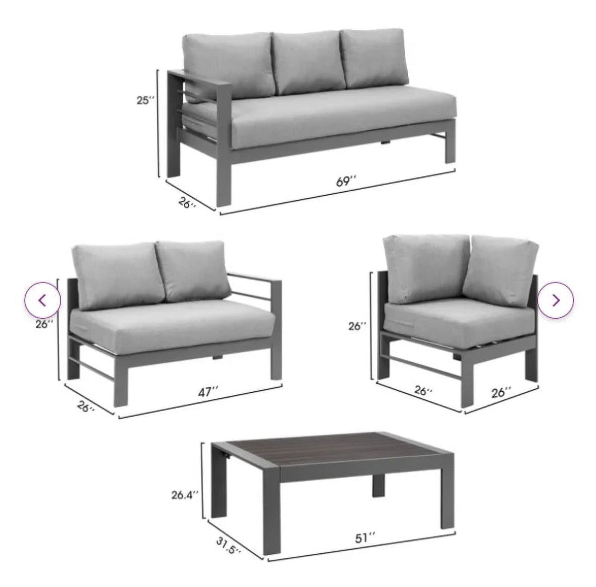 Grey Aluminum Corner Sectional Sofa with Dark Grey Cushions Y676761